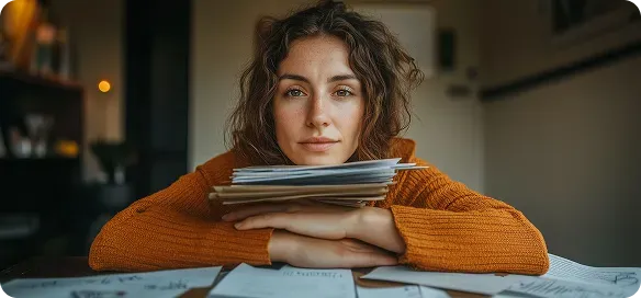 Woman resting her chin on a stack of papers at a desk, looking at the camera