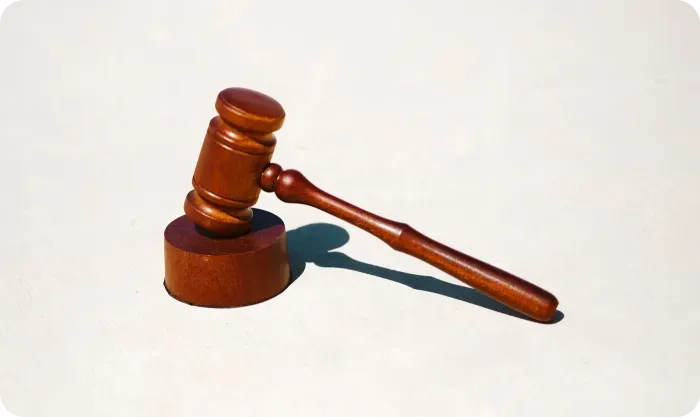 Wooden gavel resting beside its sound block on a light surface