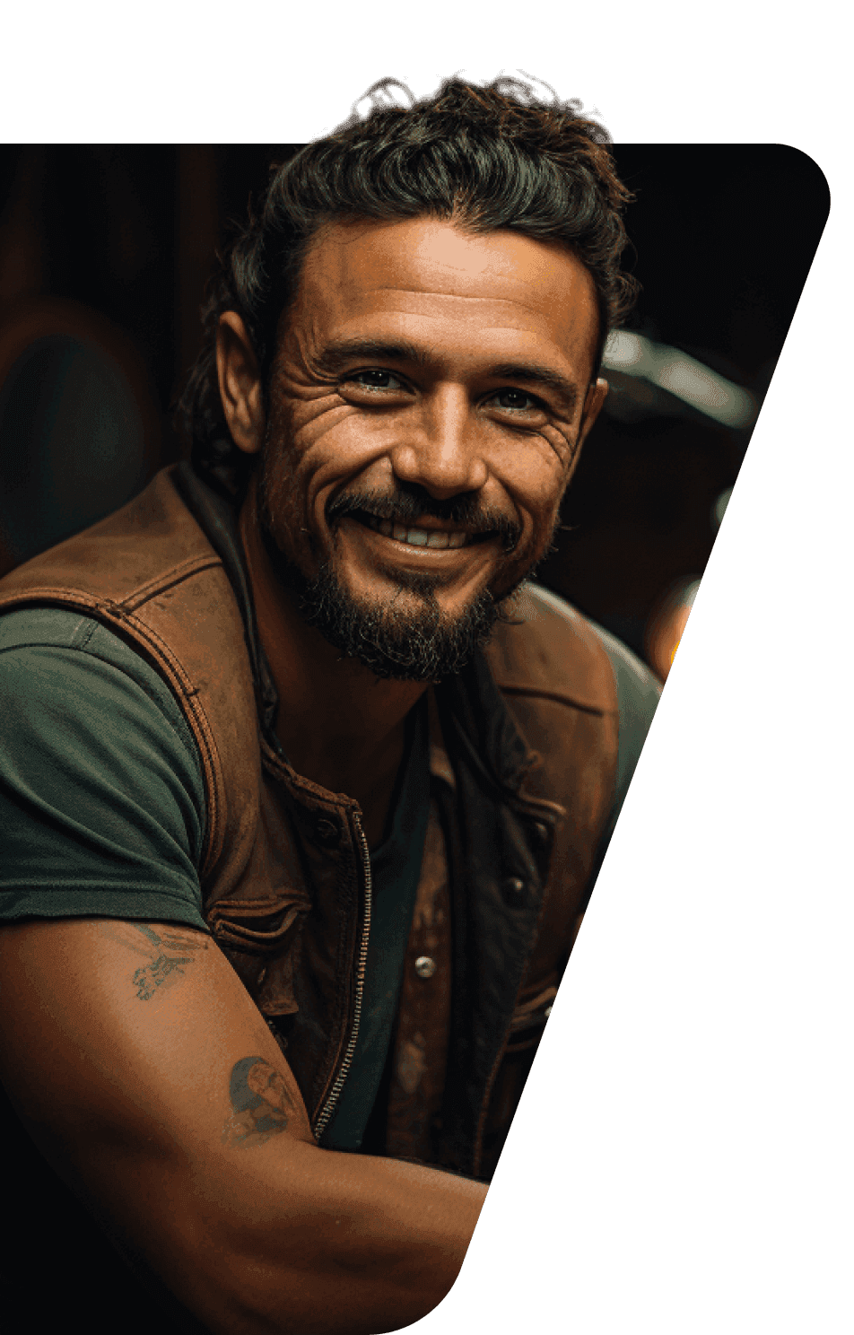  A smiling man with a beard and tattoos.