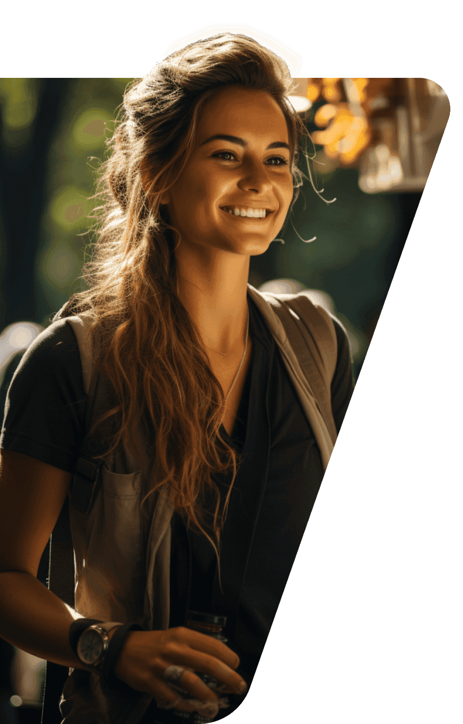 A woman happily strolling through the garden with a smile on her face.