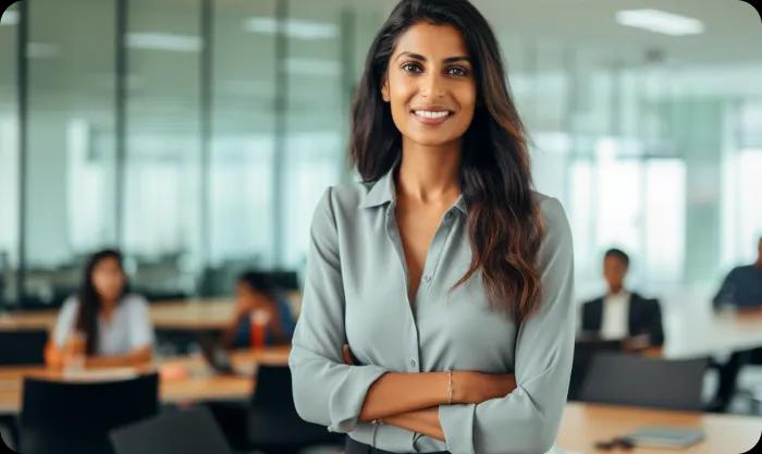 Image of a woman in a business suit standing in front of a group of people