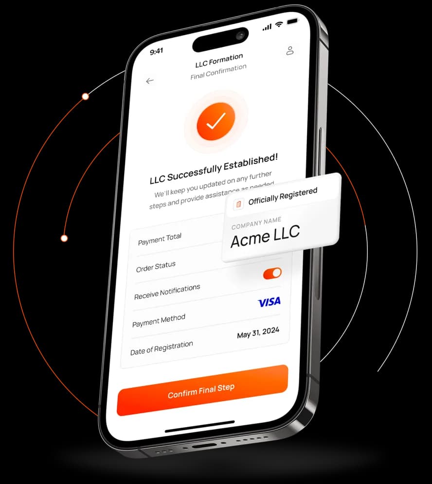 Mobile app interface showcasing the process of establishing single member LLC.