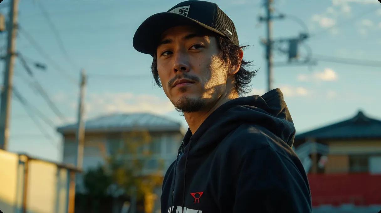 Asian man looking at the camera with residential area in the background