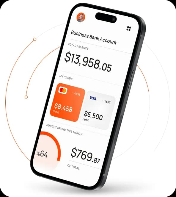 A smartphone displaying a business bank account app interface, showcasing financial management tools and account details.