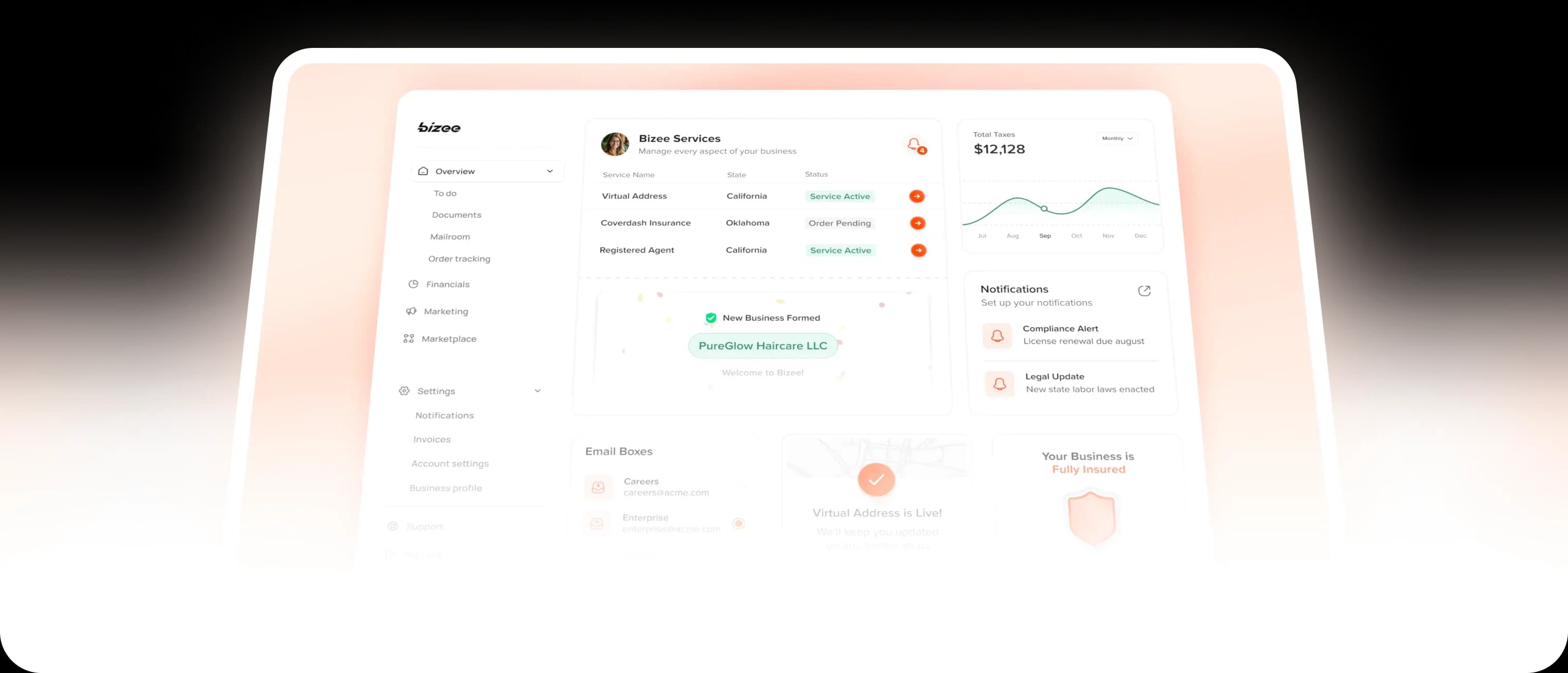 A business dashboard featuring service statuses, tax details, notifications, and a newly formed business, PureGlow Haircare LLC. It also shows email boxes, a live virtual address, and the business as fully insured.