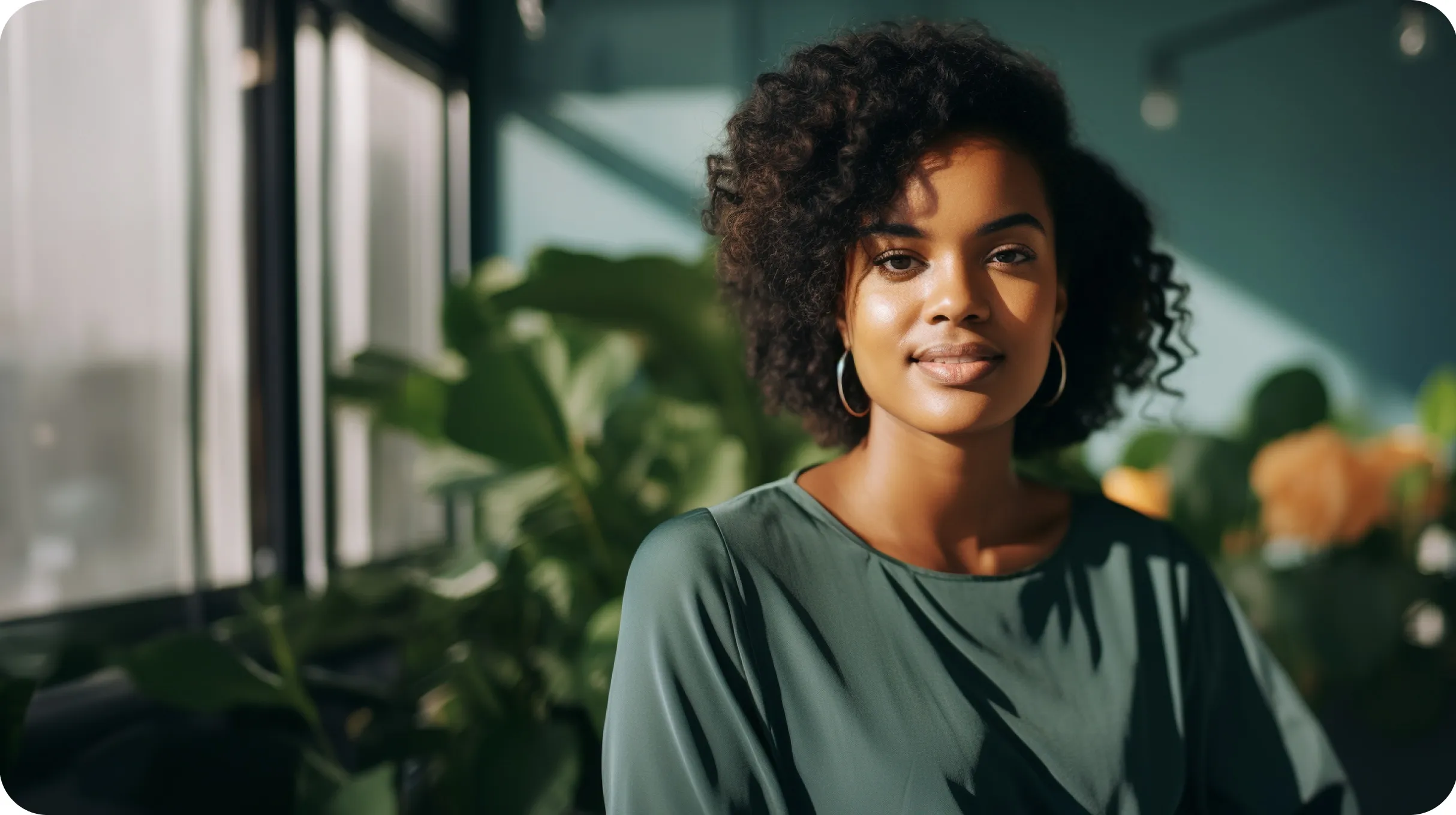 A black woman looking at the camera in a room with windows and full of house plants