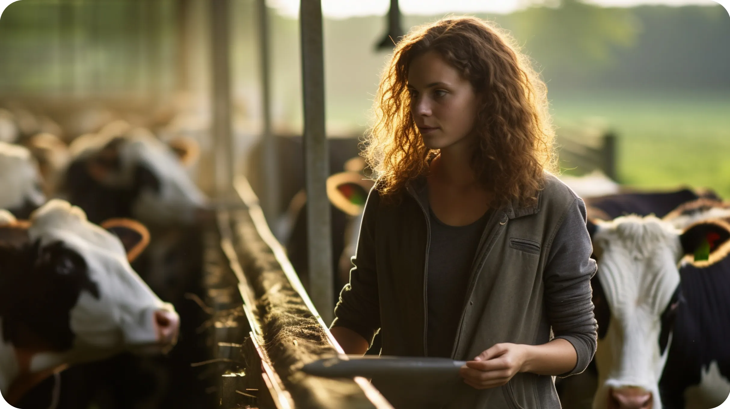 A woman standing in a cattle farm