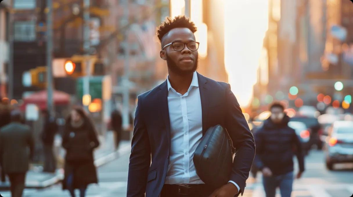 A man in a suit and glasses walking down a city street.