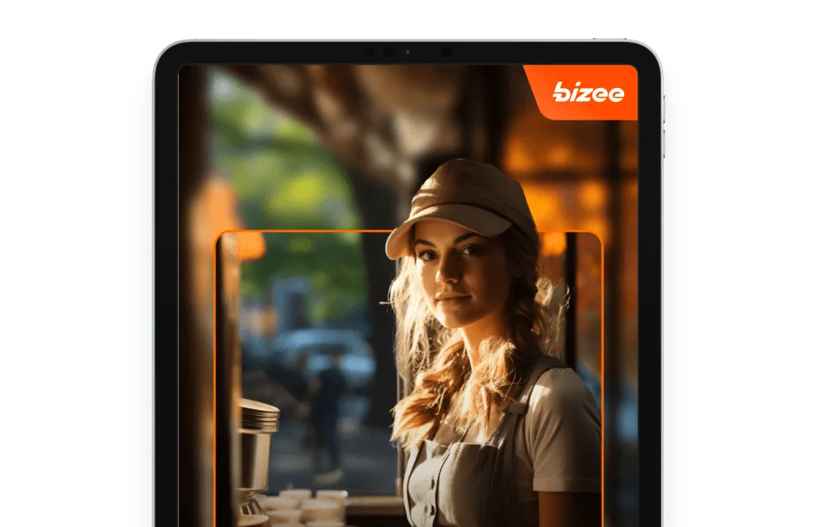 A mobile with a woman and an orange logo of Bizee.