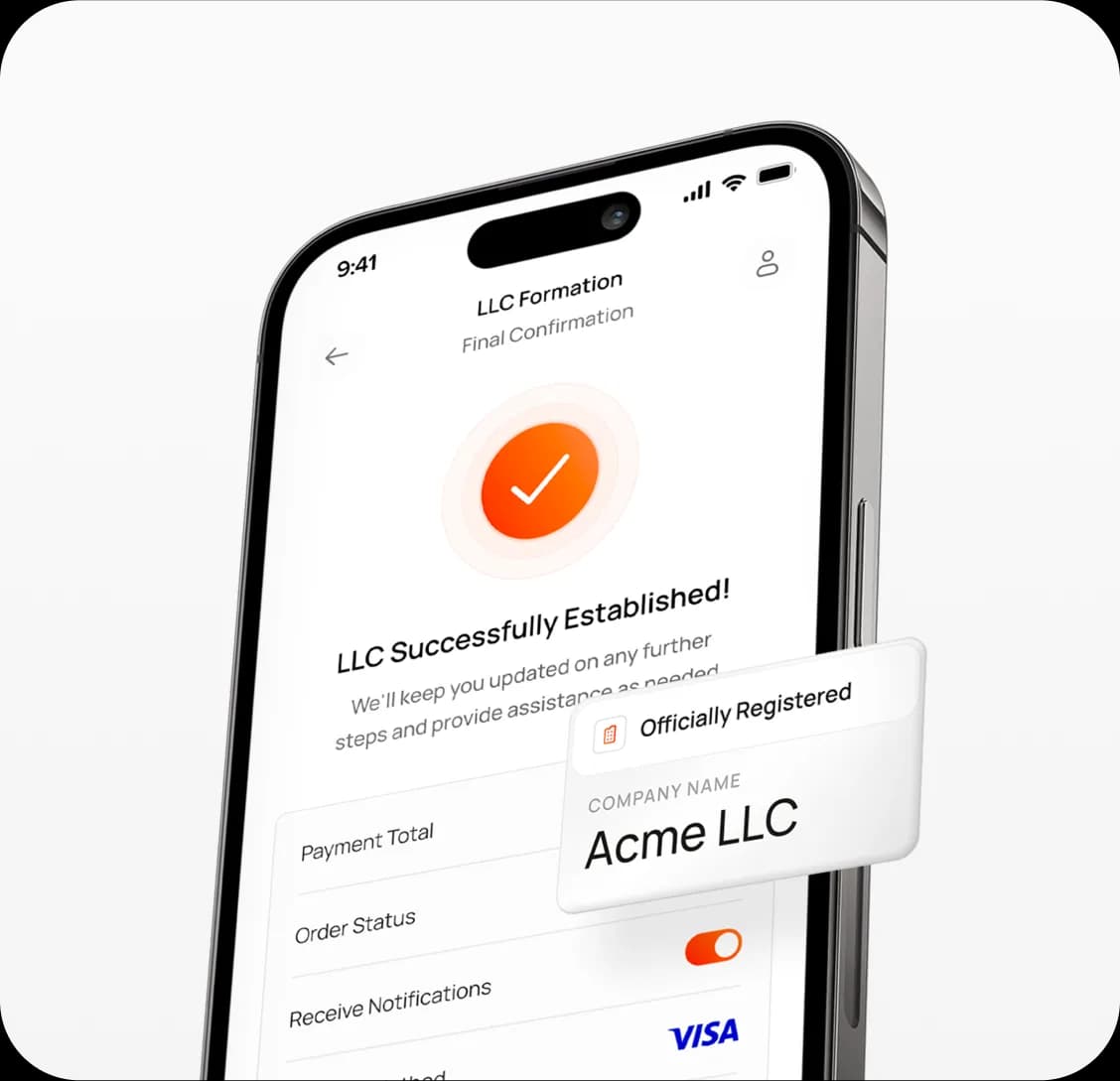  A smartphone shows the successful establishment of Acme LLC.