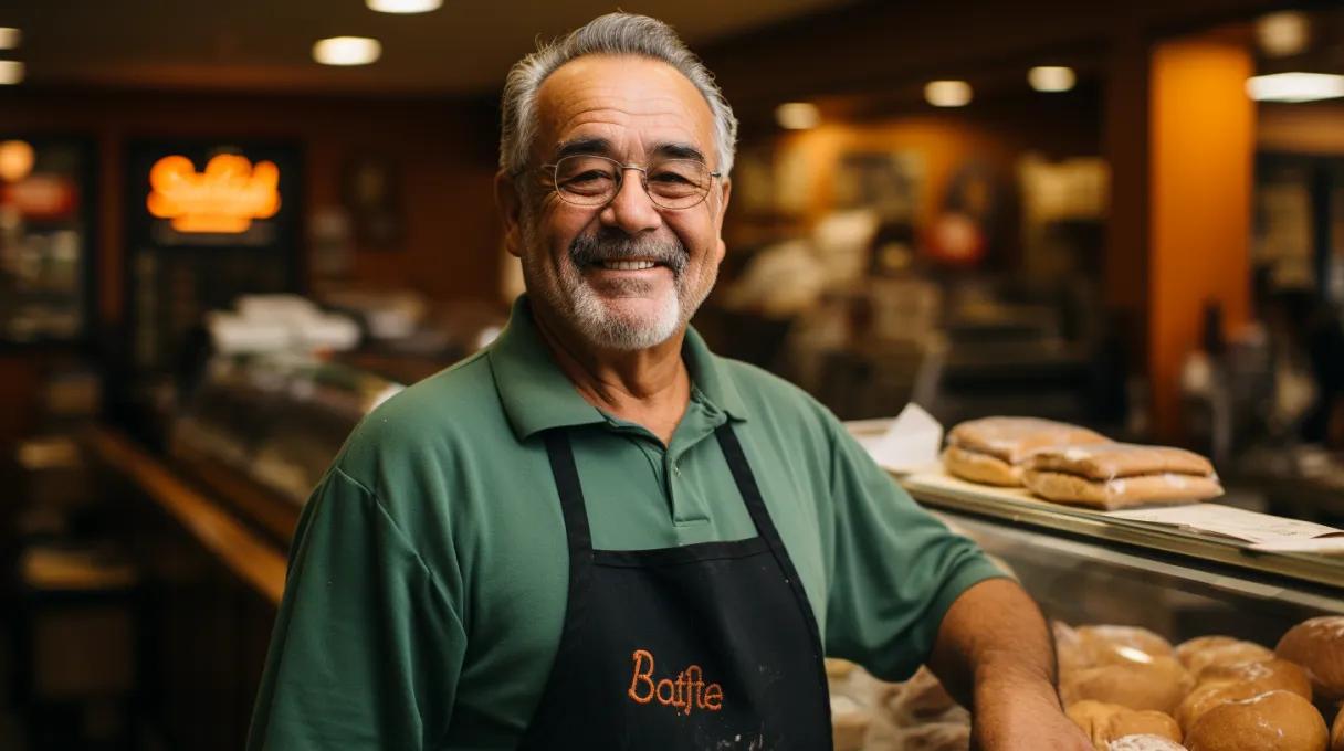 An elderly baker behind the counter