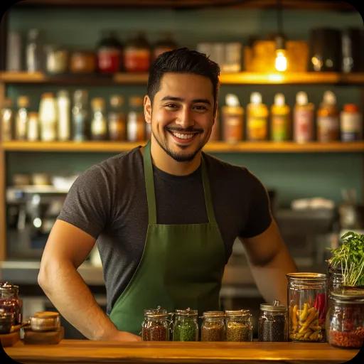 A chef in front of a shelf full of spices