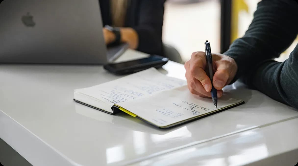 A person engaged in writing in a notebook with a pen, positioned at a desk.