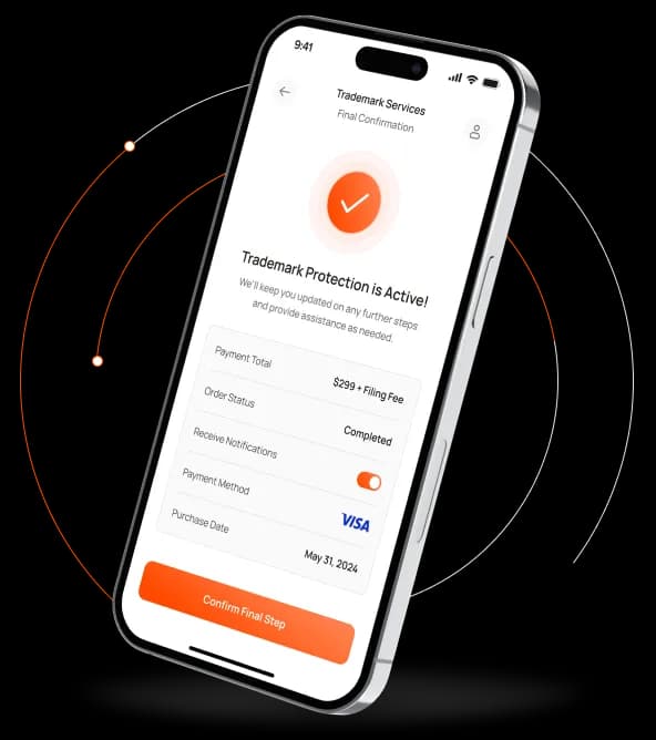 Mobile app interface showcasing features for identity trademark protection status.