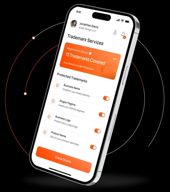 Mobile app interface showcasing trademark services.
