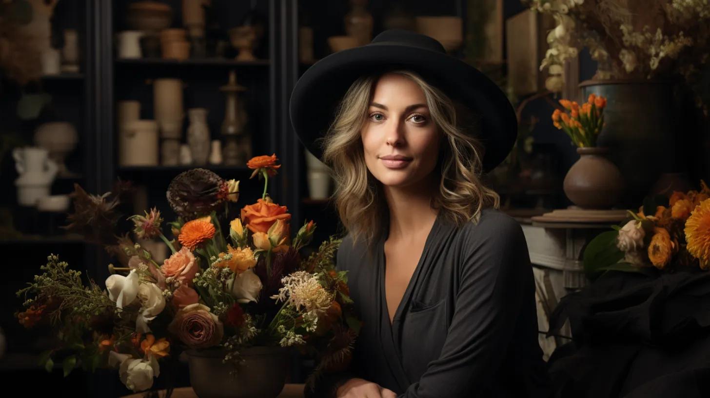 A woman in hat surrounded by flowers.