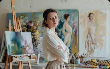 A woman standing in front of her paintings