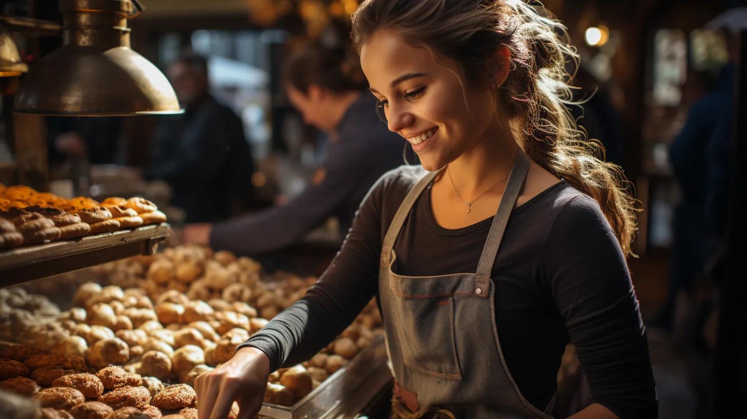 A woman baker placing cookies on the display.