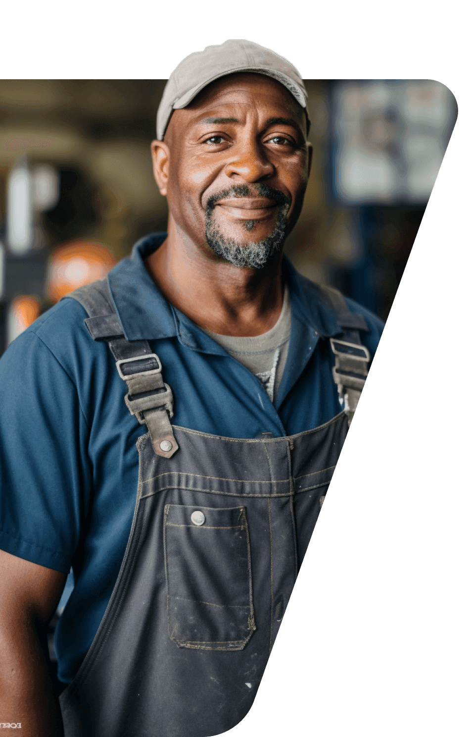 A cheerful black man wearing overalls stands proudly