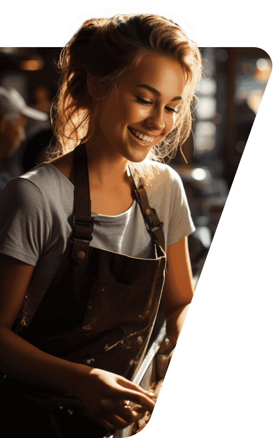 A woman in an apron happily working as a carpenter.