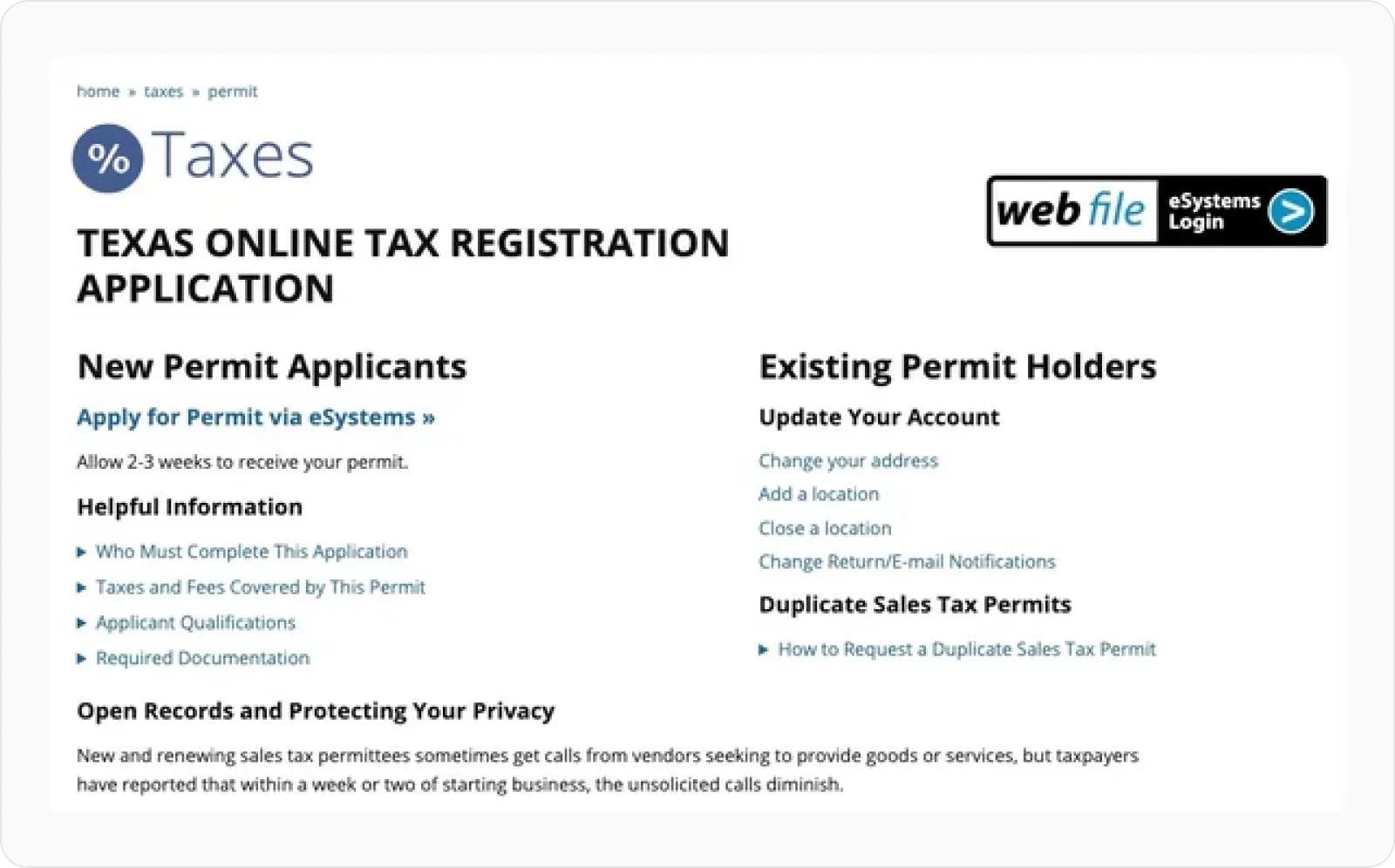 Texas online tax registration application