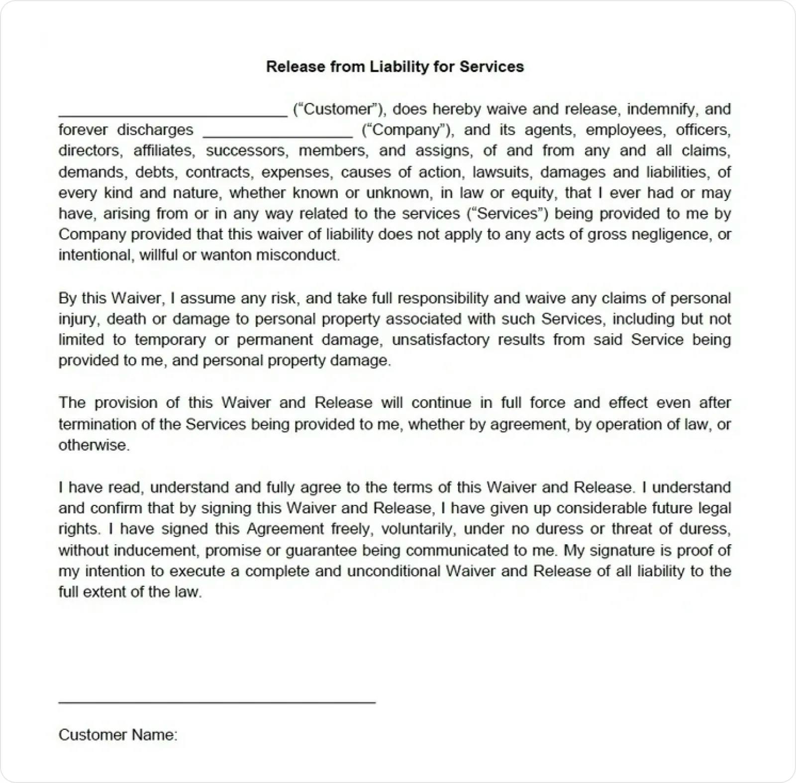 Release from Liability for Services