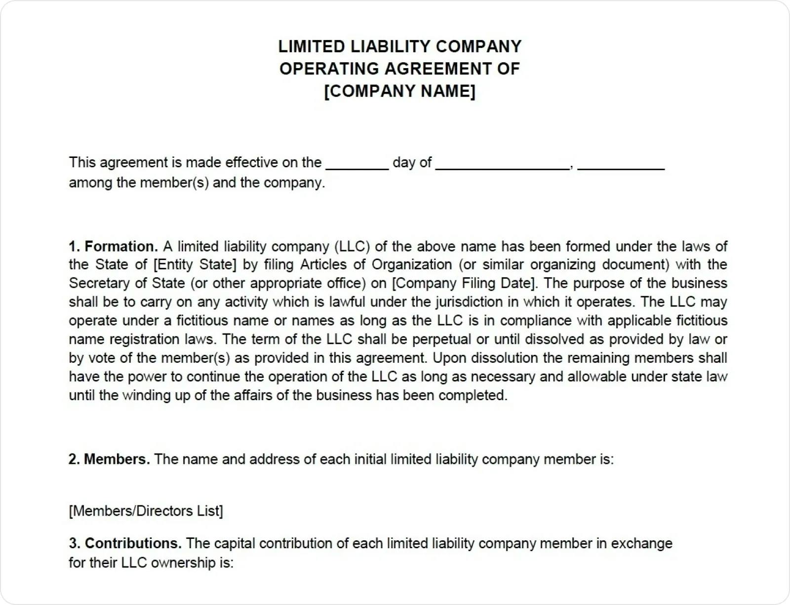 Limited liability Company operating Agreement Form