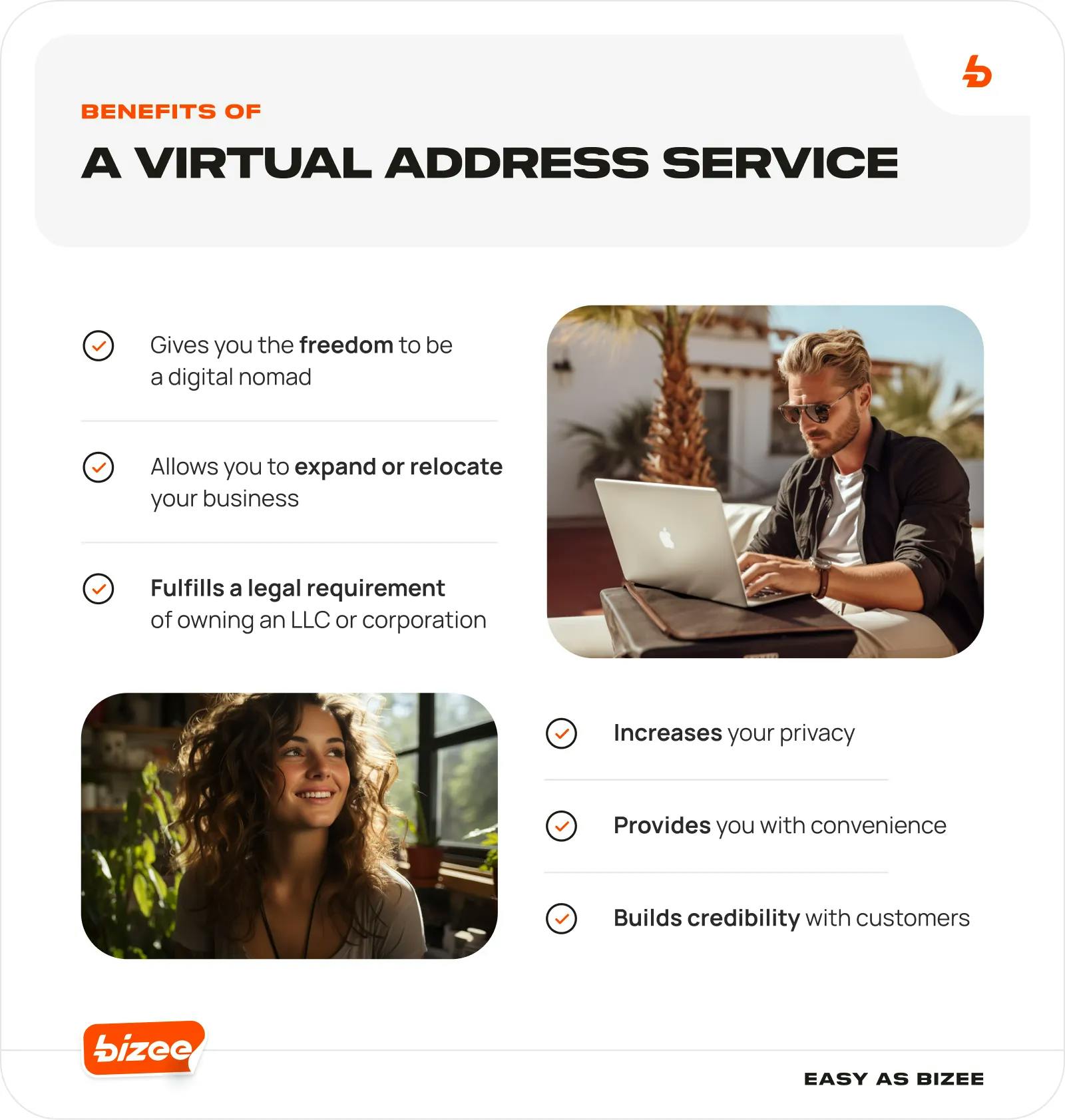 Bizee virtual address service benefits infographic