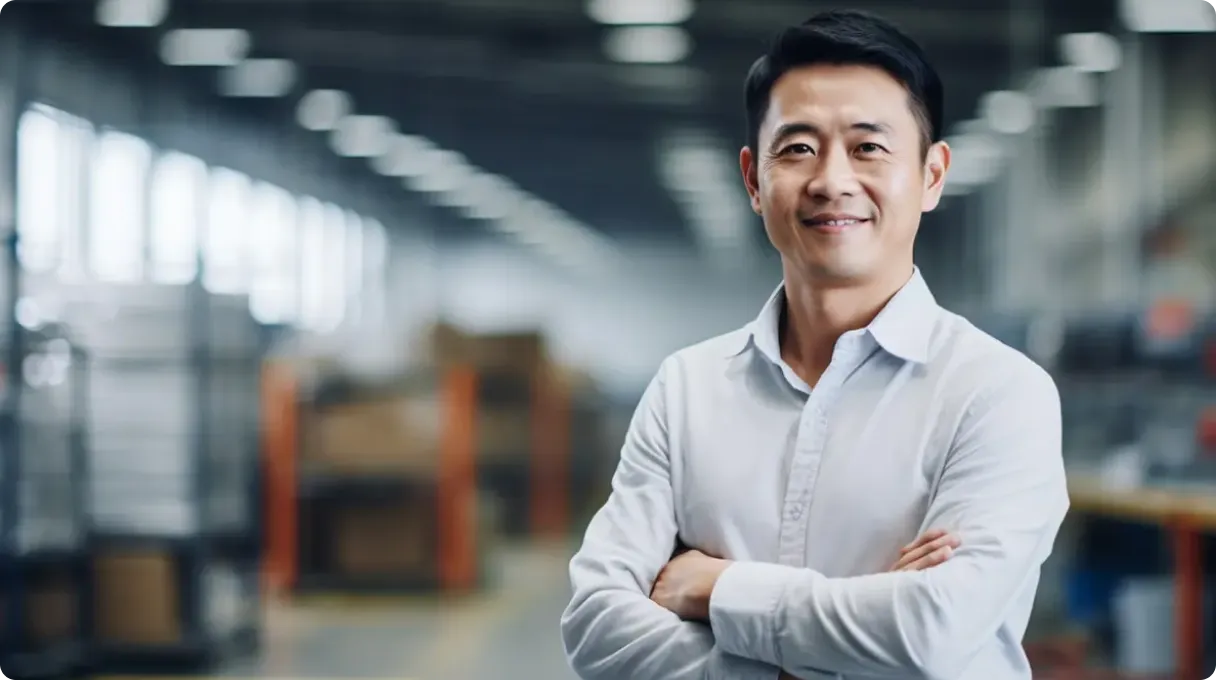 Min in shirt standing in production hall