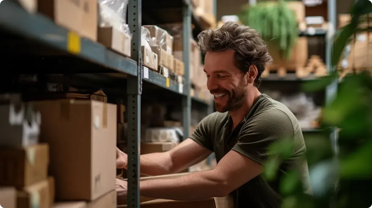 Man in warehouse picking up from shelve