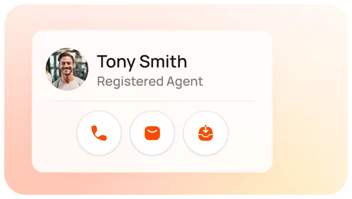 Contact card for "Tony Smith, Registered Agent" with call, email, and download icons.
