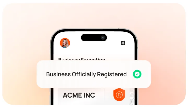 Notification on a smartphone screen: "Business Officially Registered" with a green checkmark.