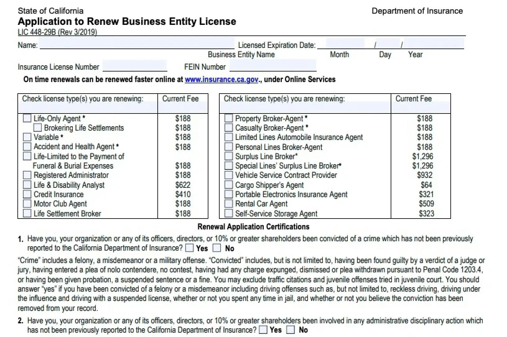 Application to renew business entity license