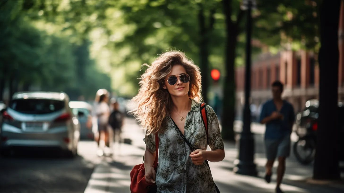 Smiling woman in sunglasses walking on the road on a sunny day