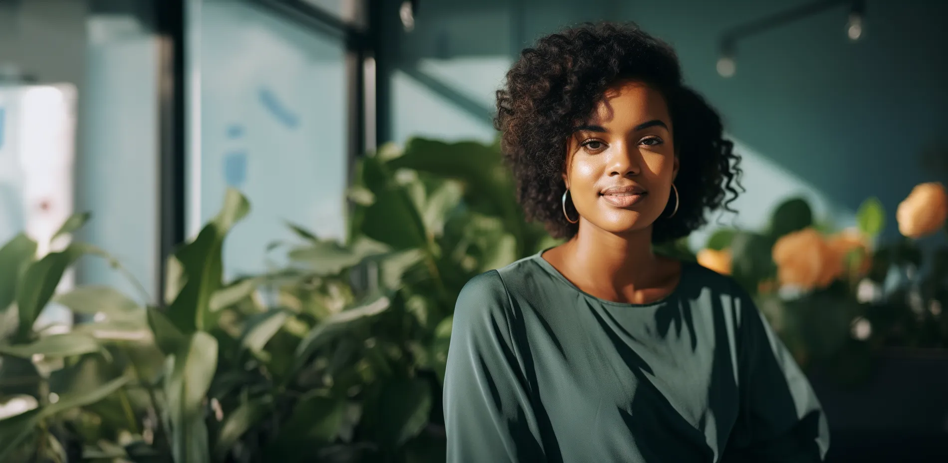 Woman with curly hair in a green shirt against a backdrop of plants