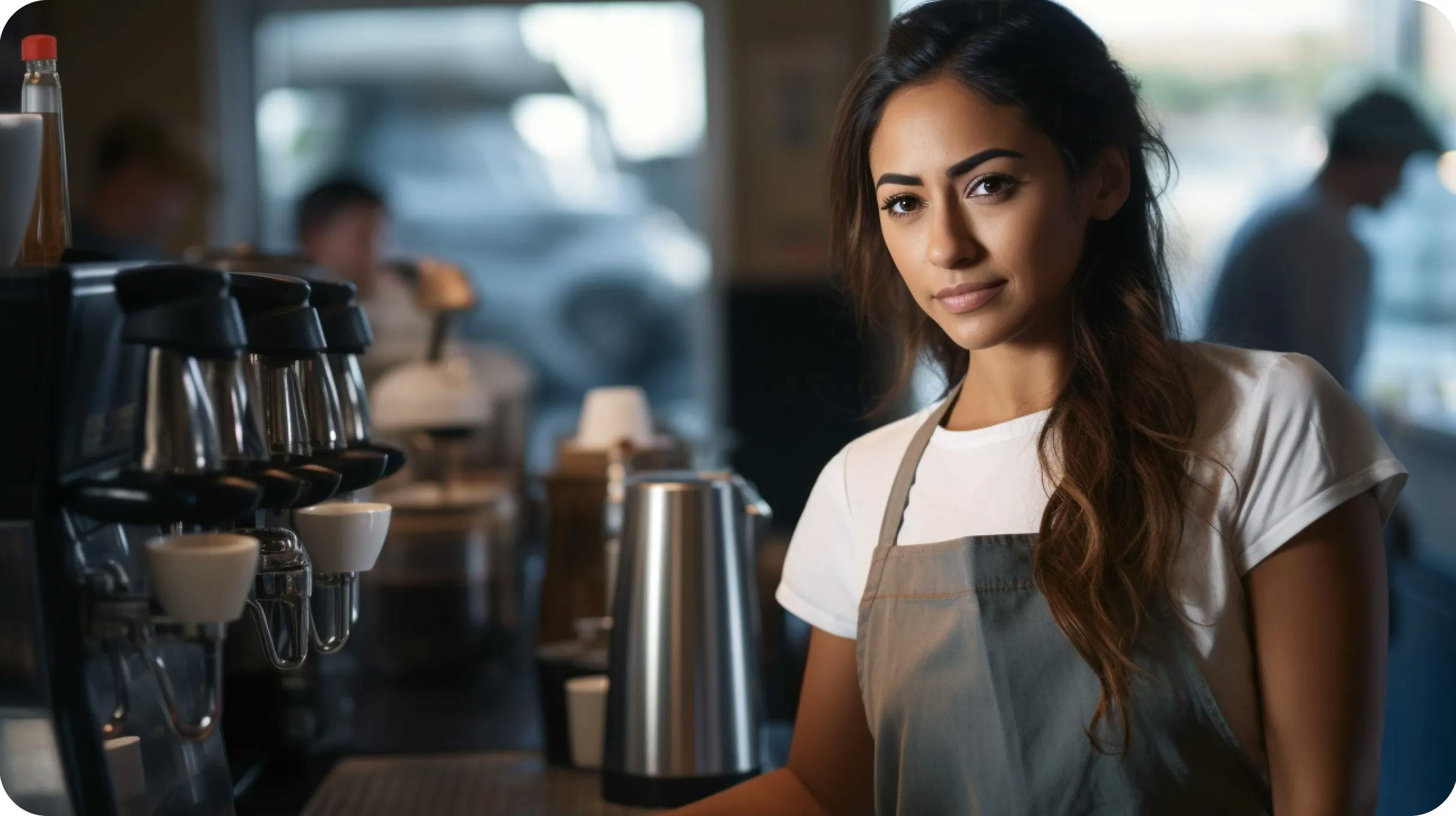 Woman in a coffee shop, standing near a coffee machine looking at the camera