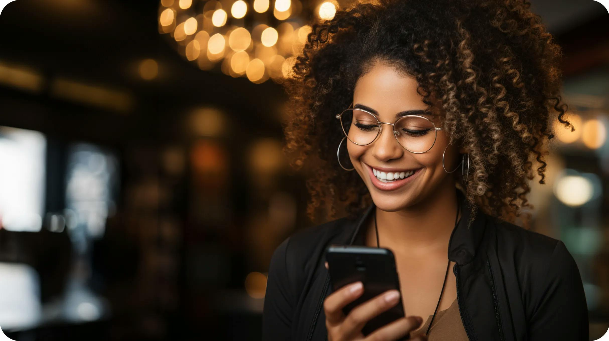 Smiling woman looking at the smartphone screen in a restaurant