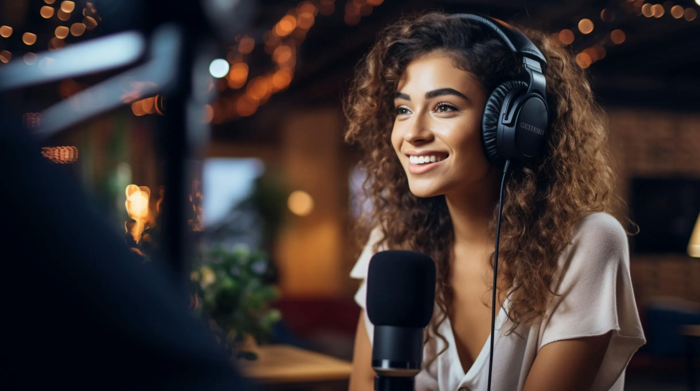 Girl streaming wearing headphones and talking to the microphone