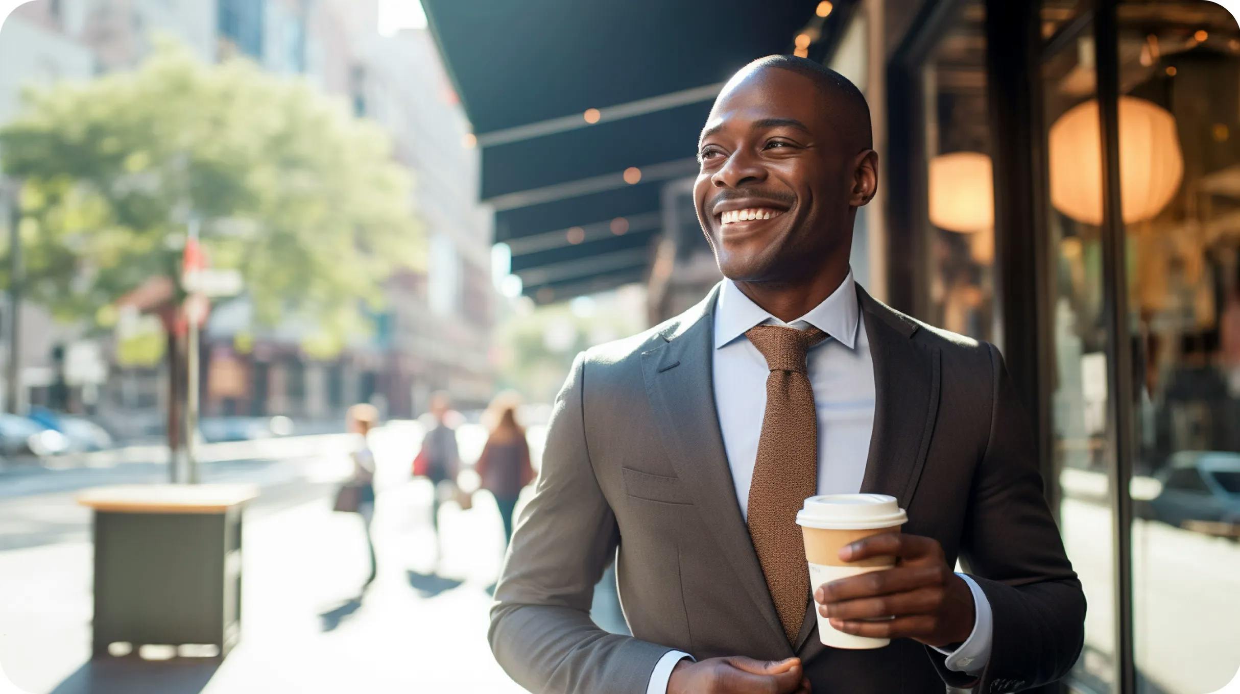 Smiling elegant man in a suit, walking on a sidewalk with a coffee in hand