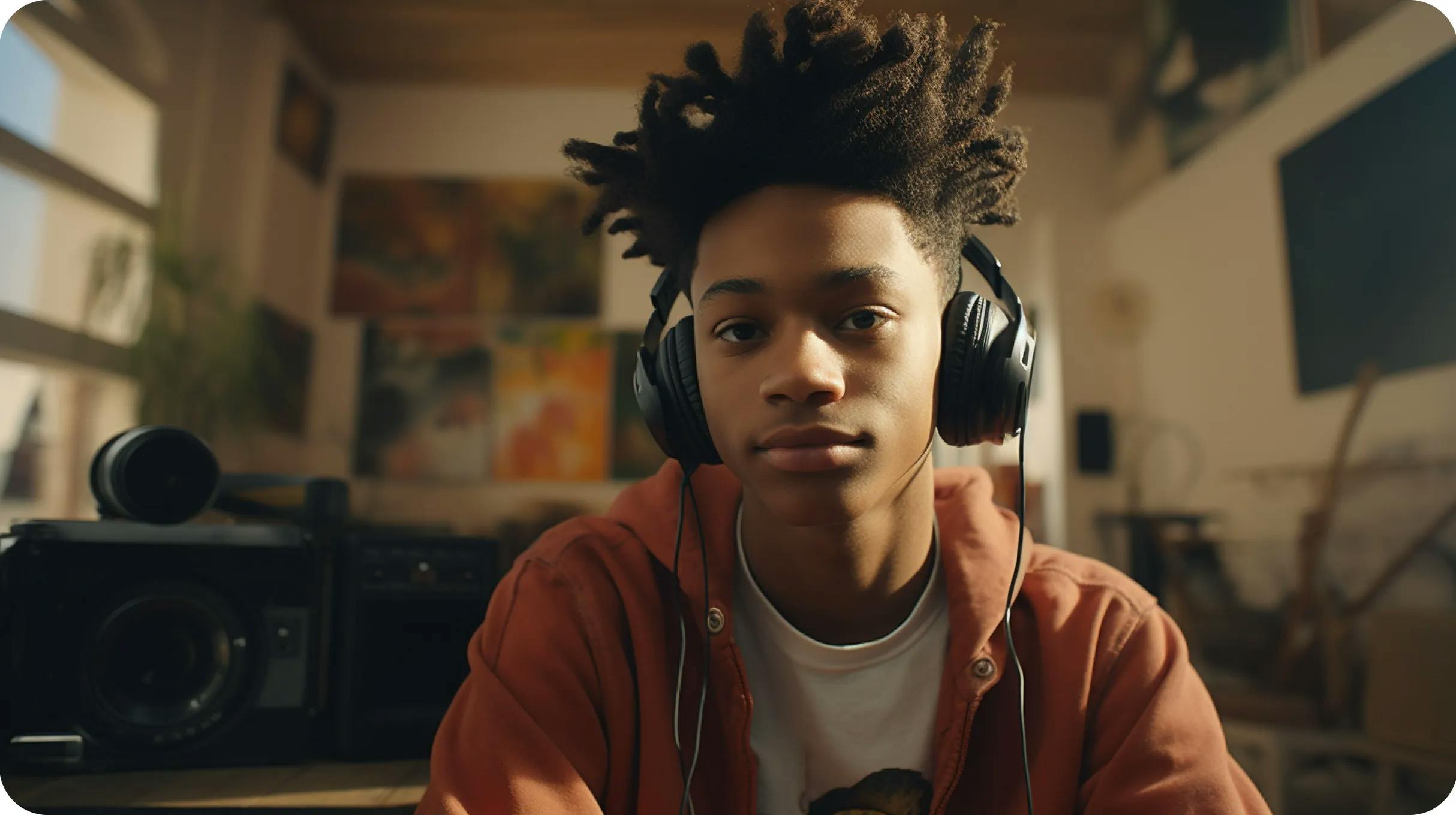 A young black boy with a headphones looking at the camera