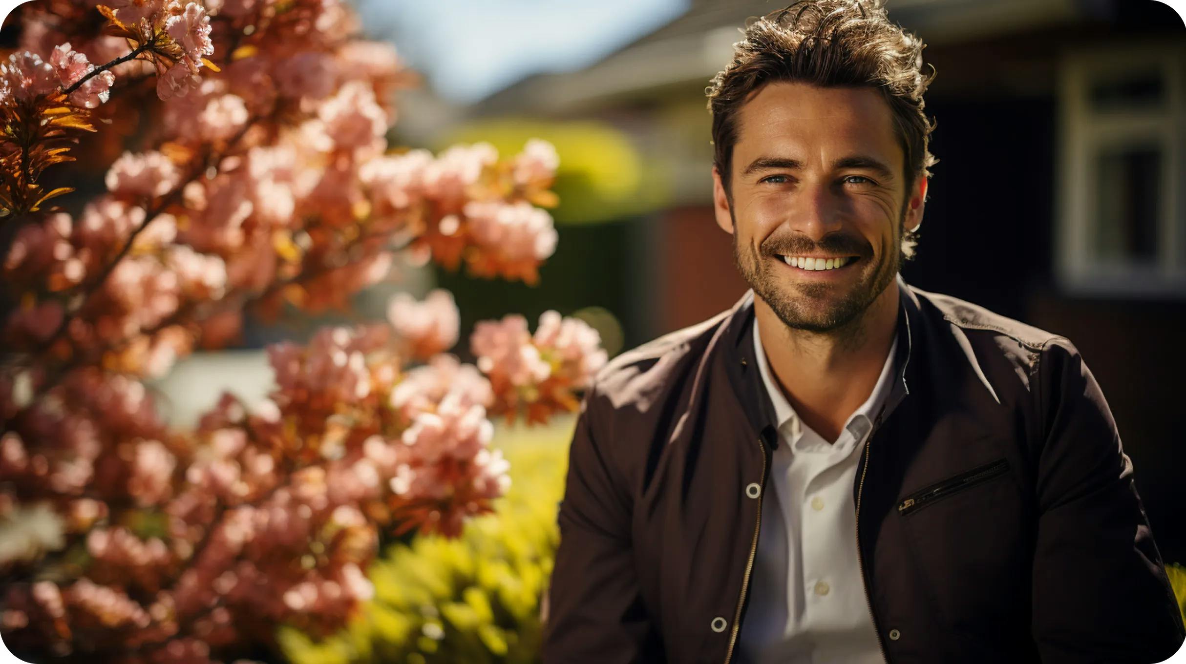 A smiling man standing in front of a home with beautiful flowers in a background