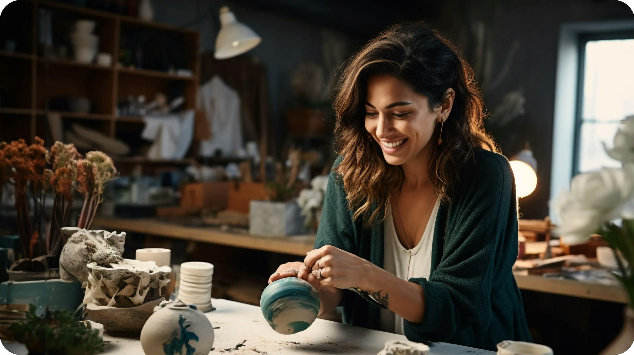 A latin woman in a workshop, painting some clay crafts