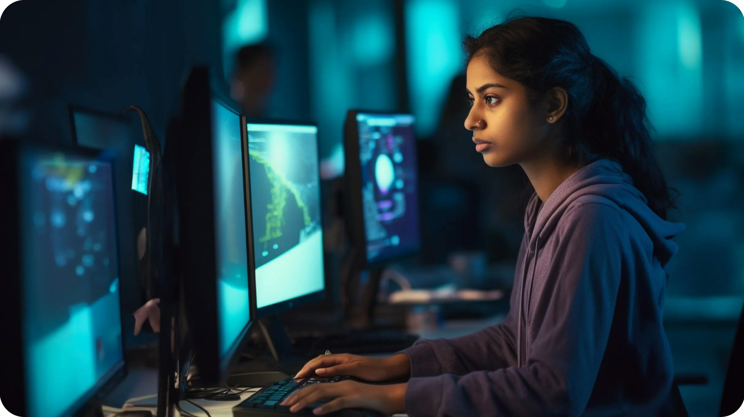 An young indian woman working in front of multiple monitors