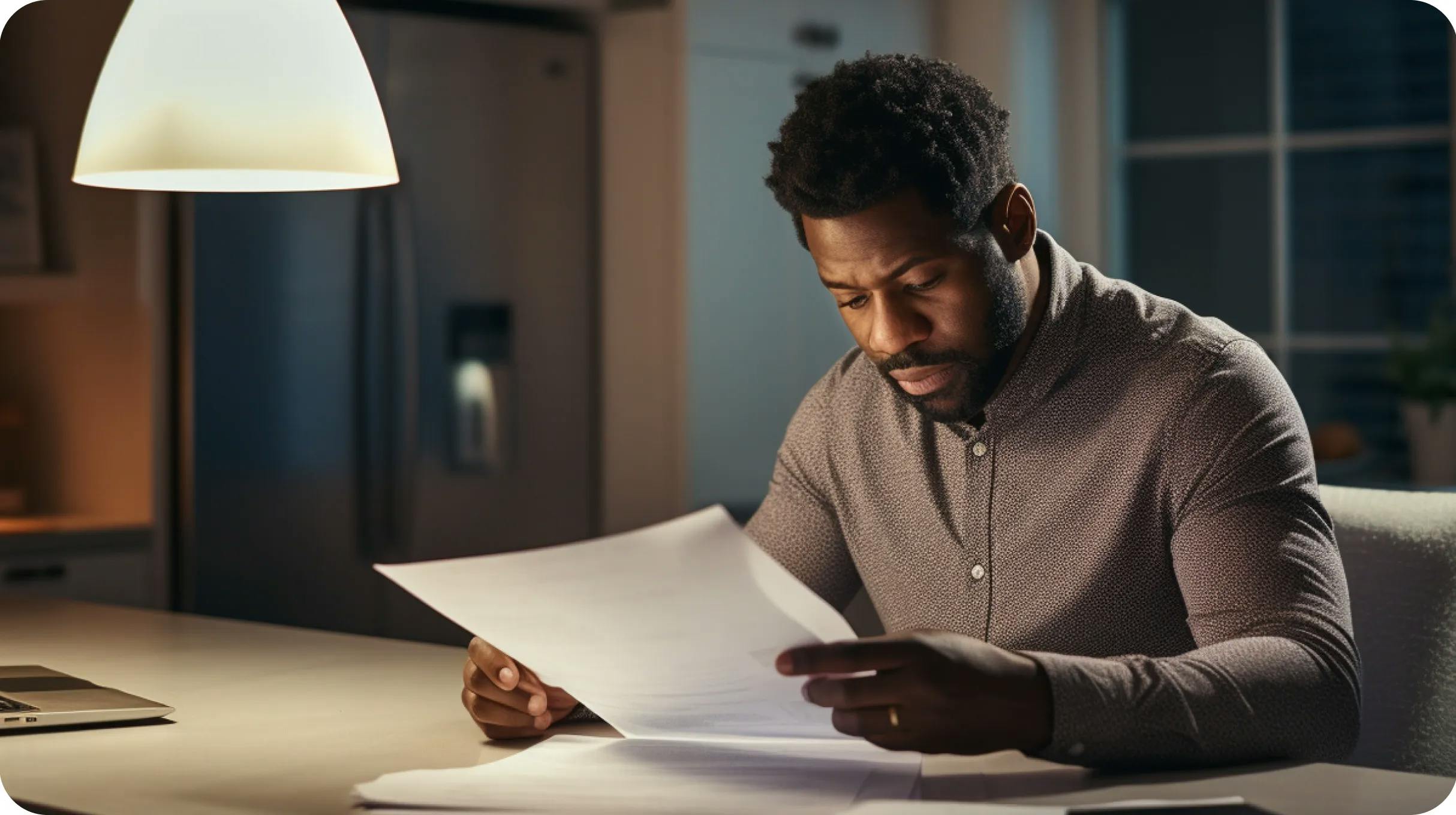 An young black man, holding and reading company documents