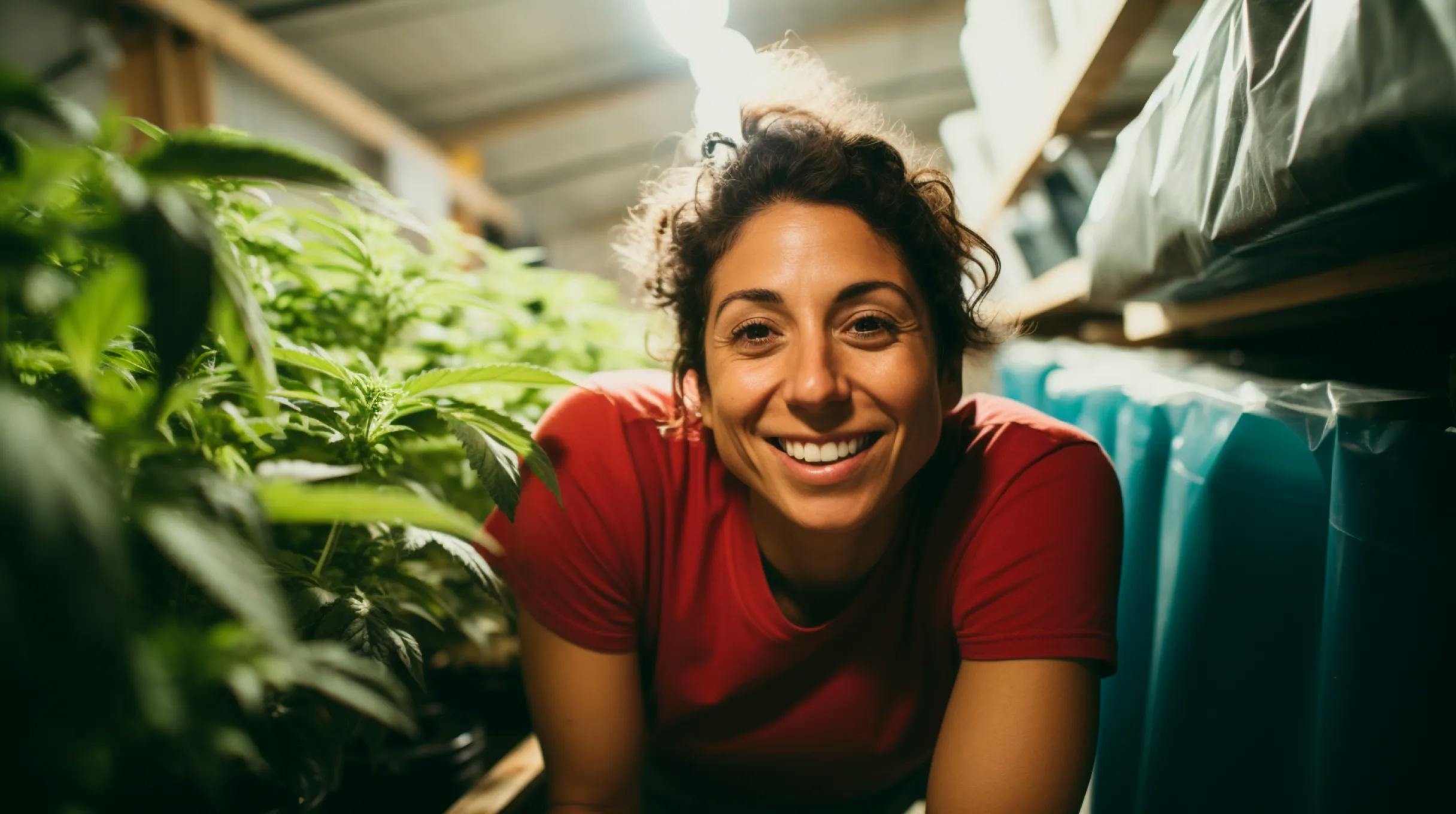 Happy woman standing in a room full of cannabis,
