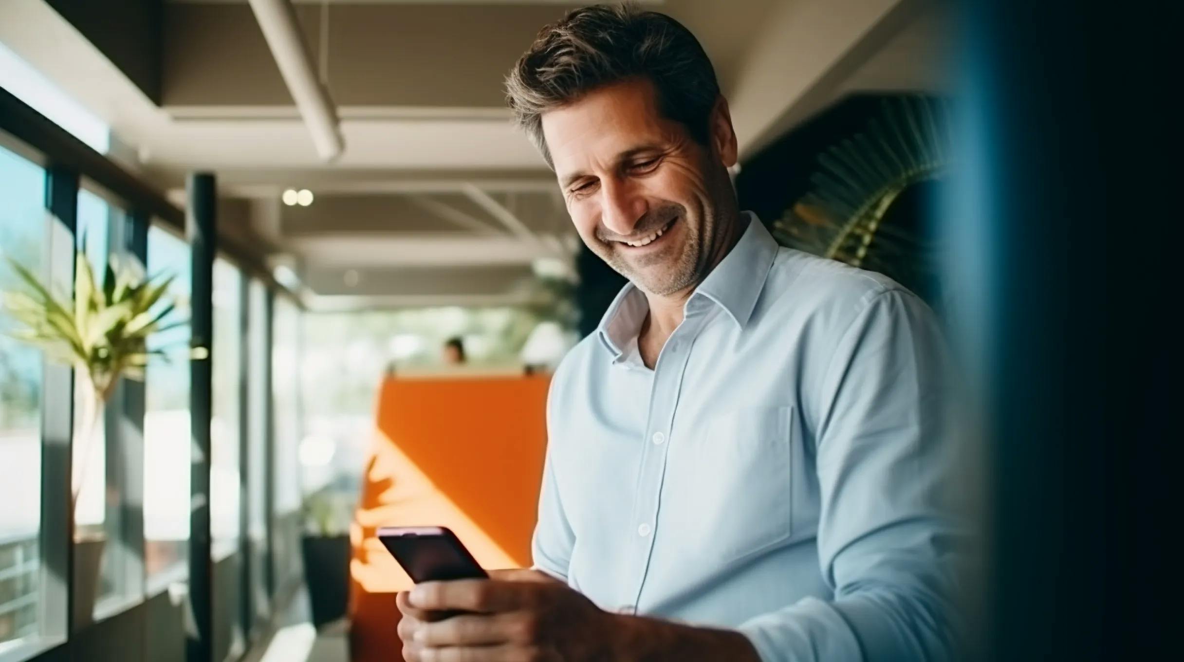 A man smiling while looking at his phone.