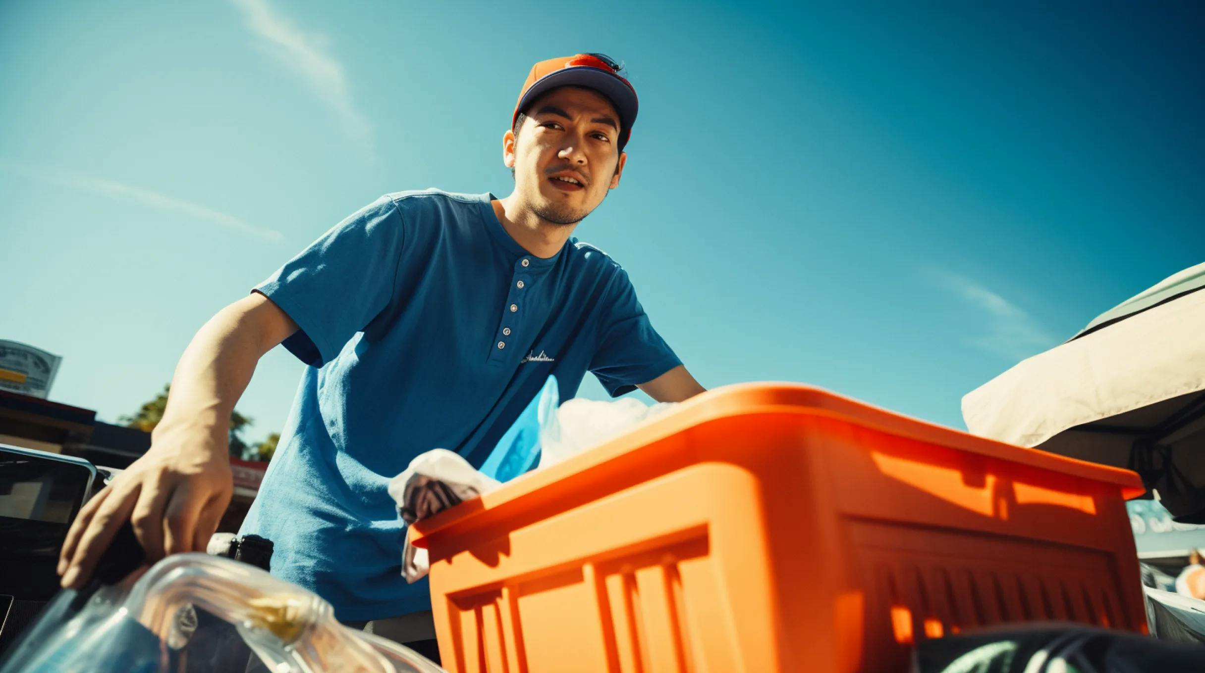 A man in a blue shirt and hat holding a plastic container.