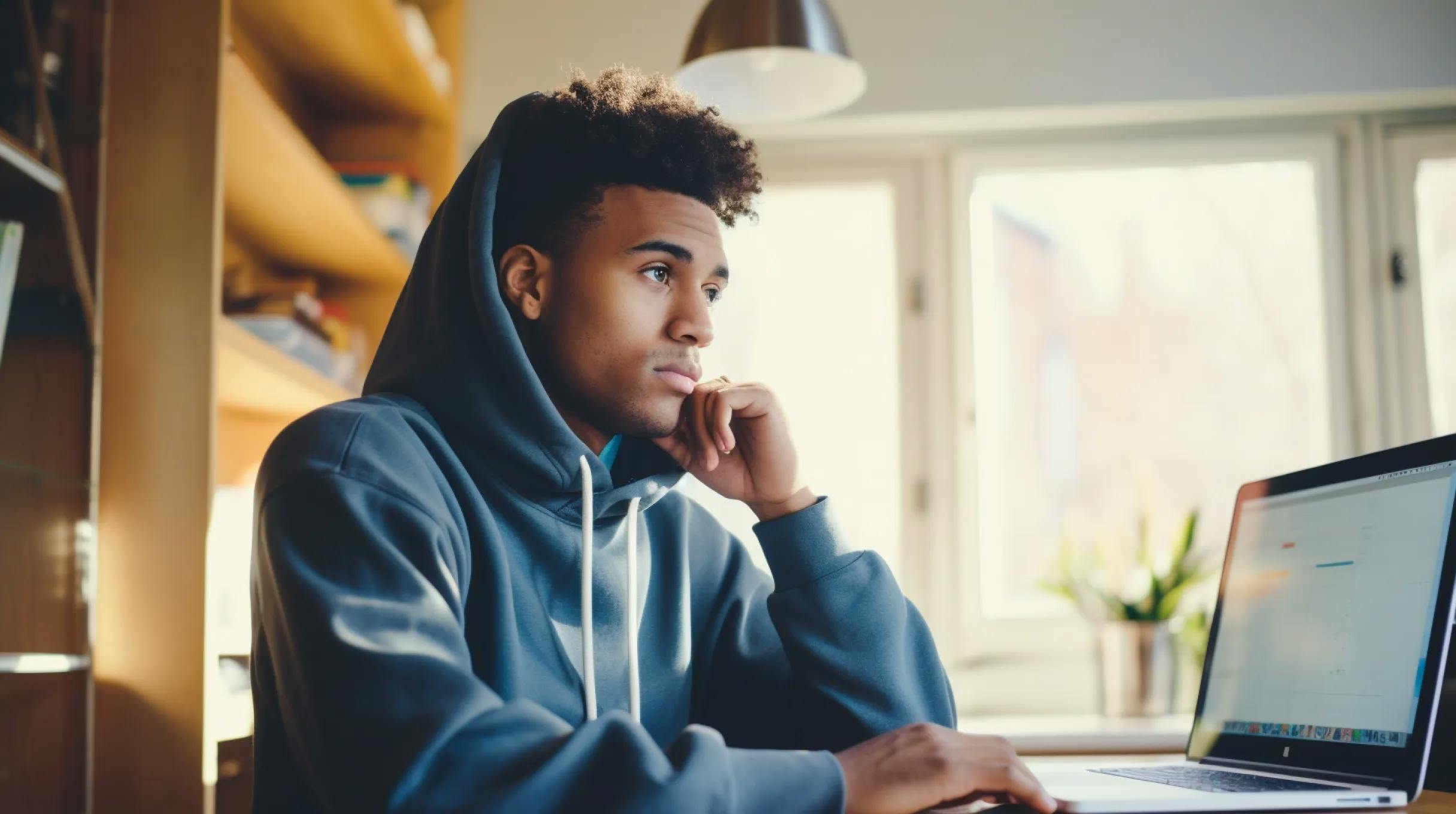 A young black man working from home on a laptop, wearing a navy hoodie