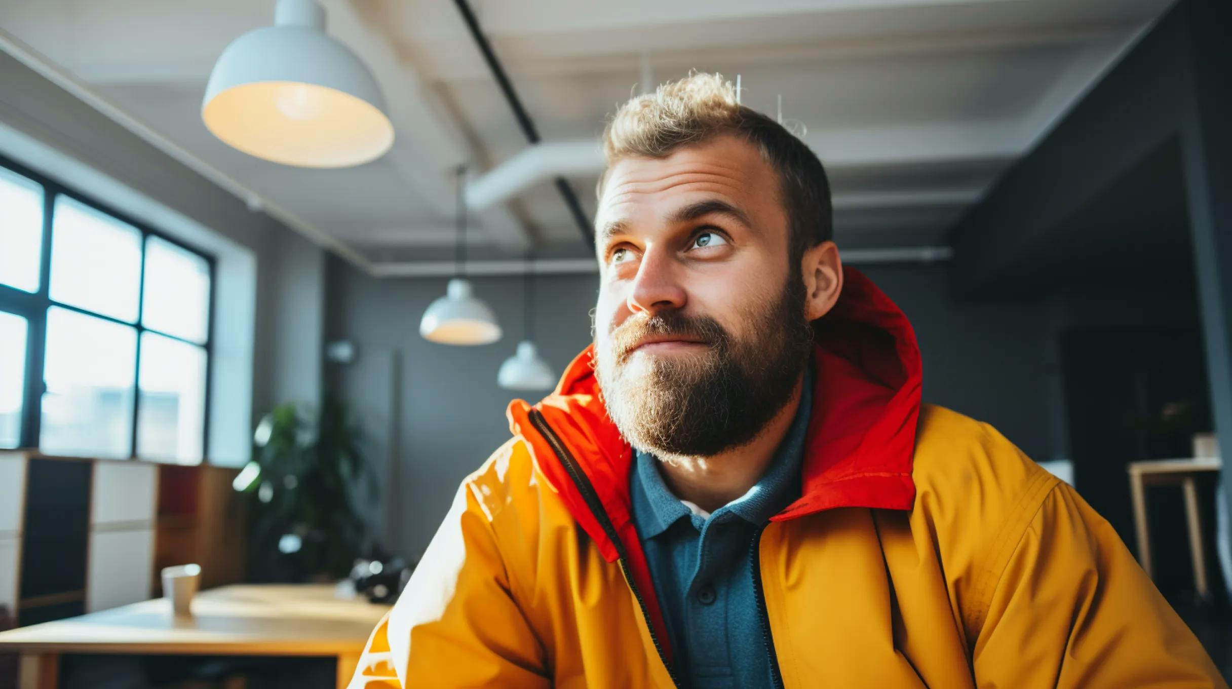 A bearded man in a yellow jacket sitting in an office, focused and engaged in his work.