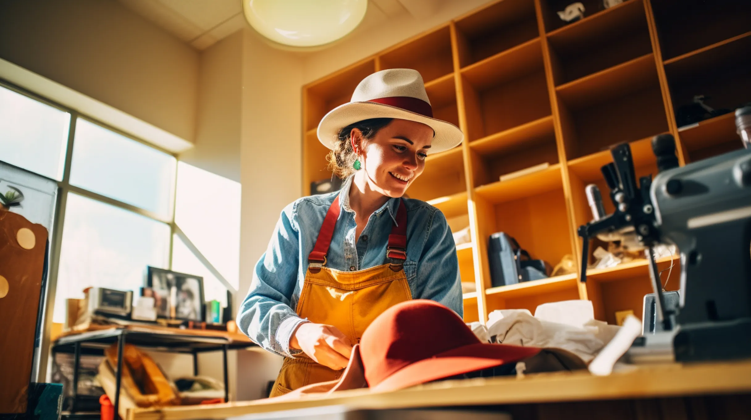 A woman in a hat and overalls focused on operating a sewing machine.